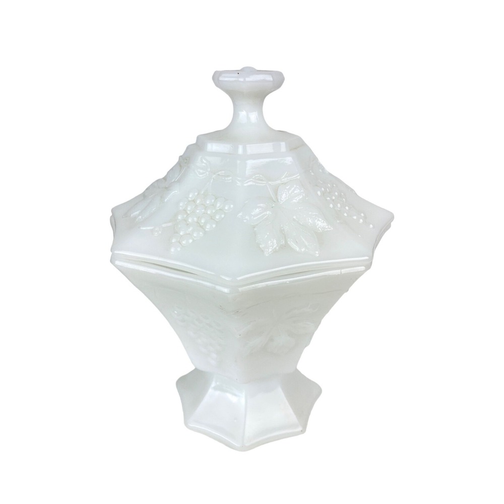 Vintage White Milk Glass Octagon Compote Candy Dish W/Lid Pedestal Grapes Leaves